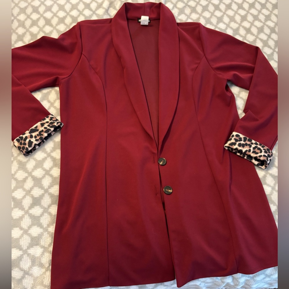 Hemish,Red Blazer with Leopard Cuffs